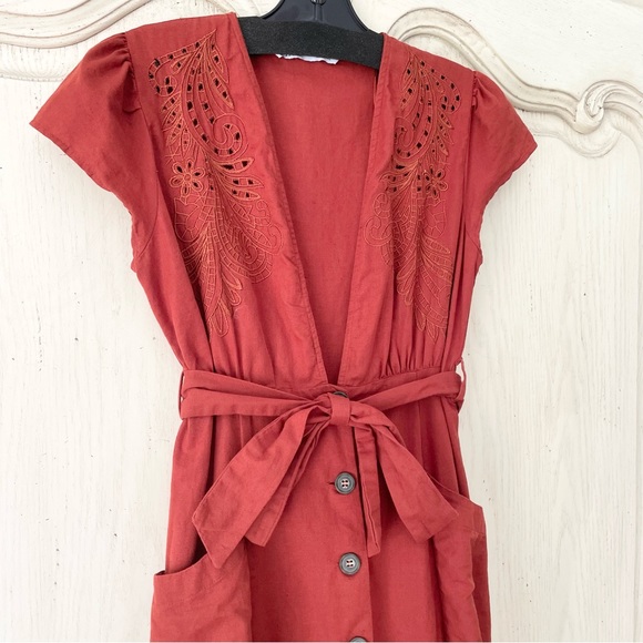 Zara Terracotta Embroidered Button Front Midi Dress - Picture 3 of 15